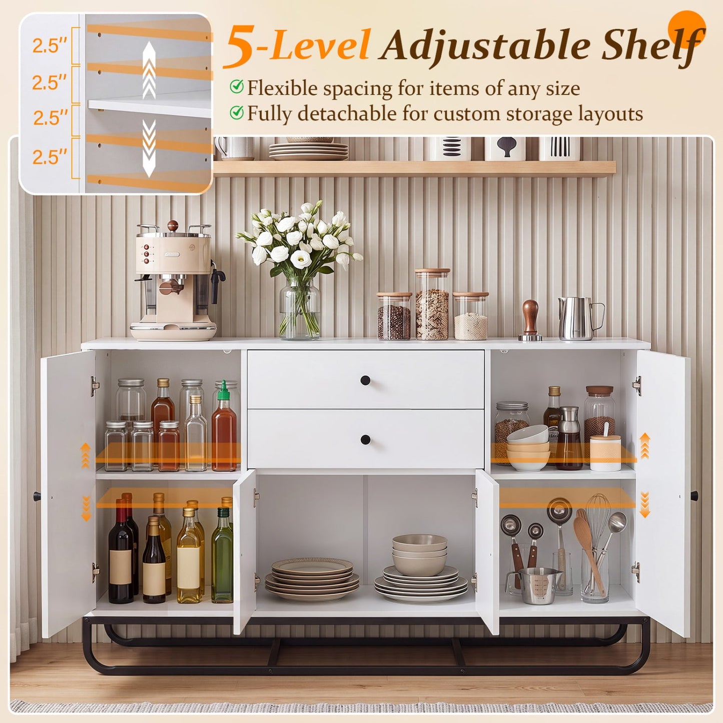 Modern Buffet Sideboard Cabinet with 2 Drawers & Adjustable Shelves