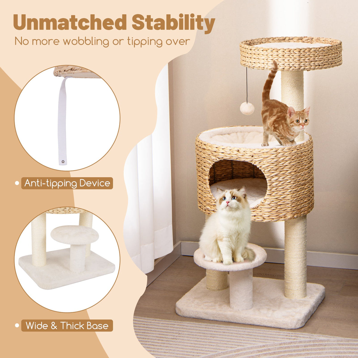 Modern Cat Tower Cat Tree with Top Perch Cattail Fluff Condo-Natural