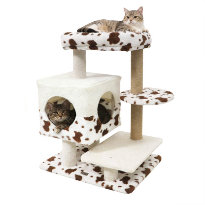 Modern Cat Tree Indoor Cat Tower with Wide Upholstered Perch and 2-Entrance Cat Condo-White