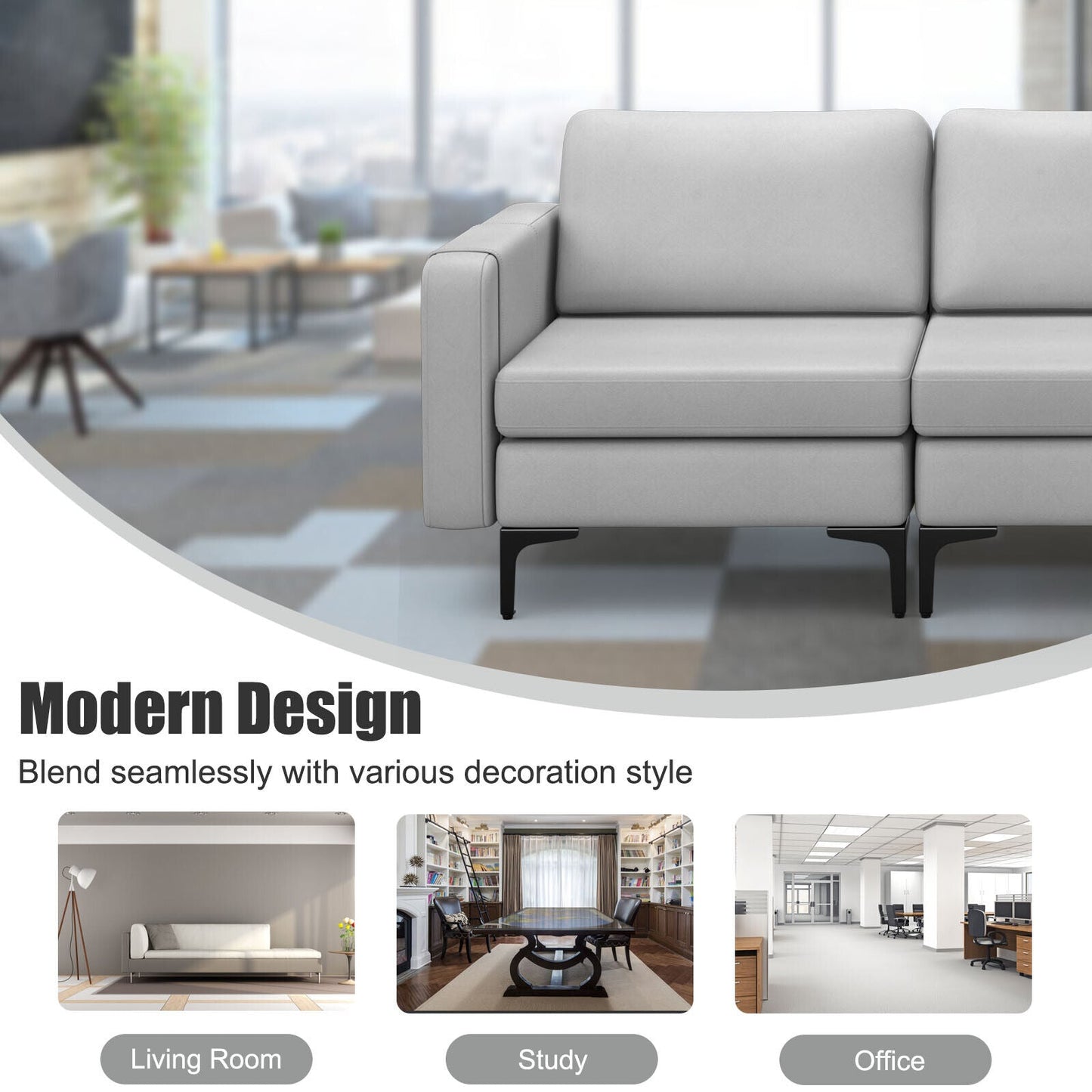 3-Seat Sectional Sofa Couch with Armrest Magazine Pocket and Metal Leg