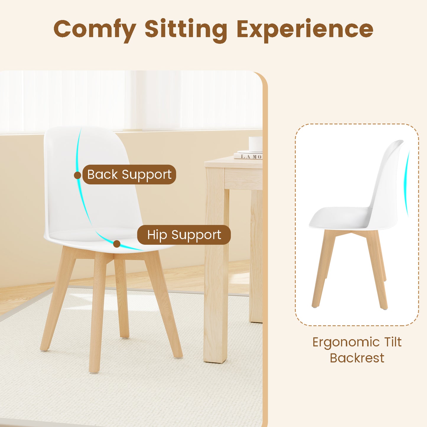 Dining Chair Set of 2 with Beech Wood Legs and Tilt Backrest