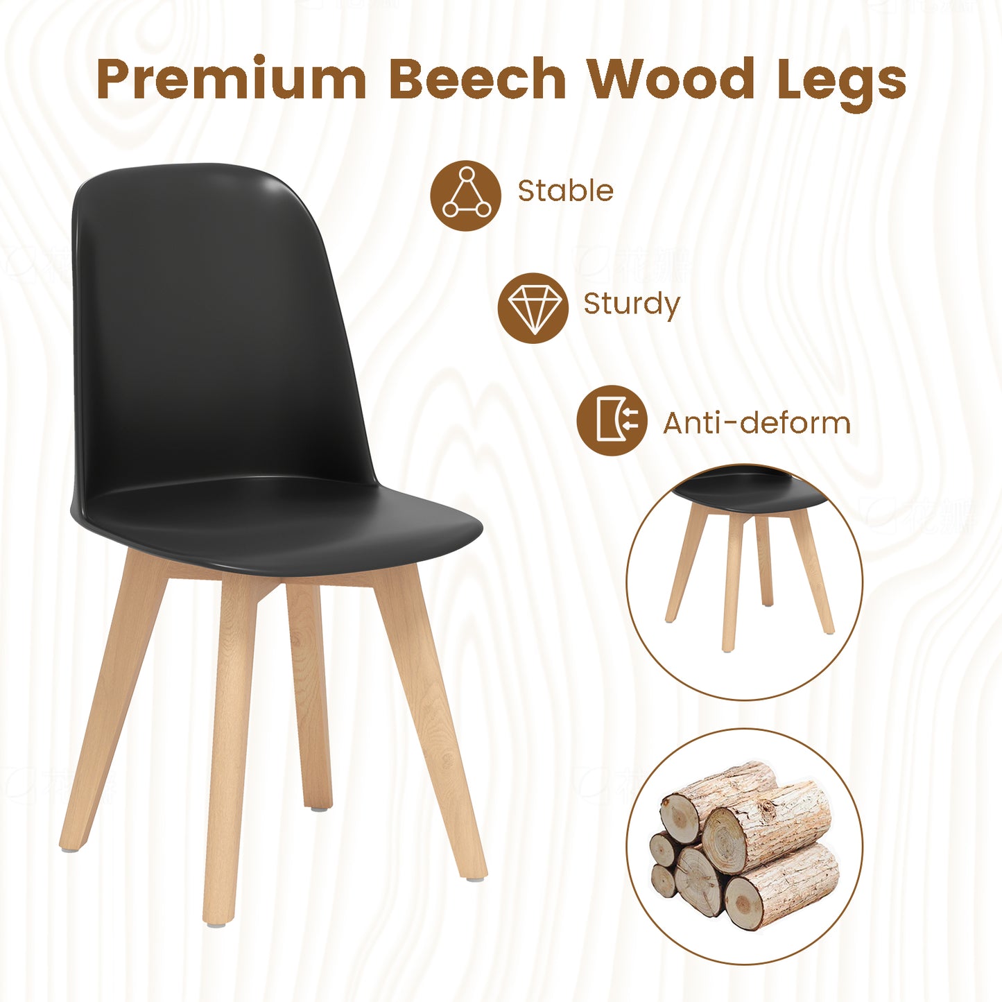 Dining Chair Set of 2 with Beech Wood Legs and Tilt Backrest