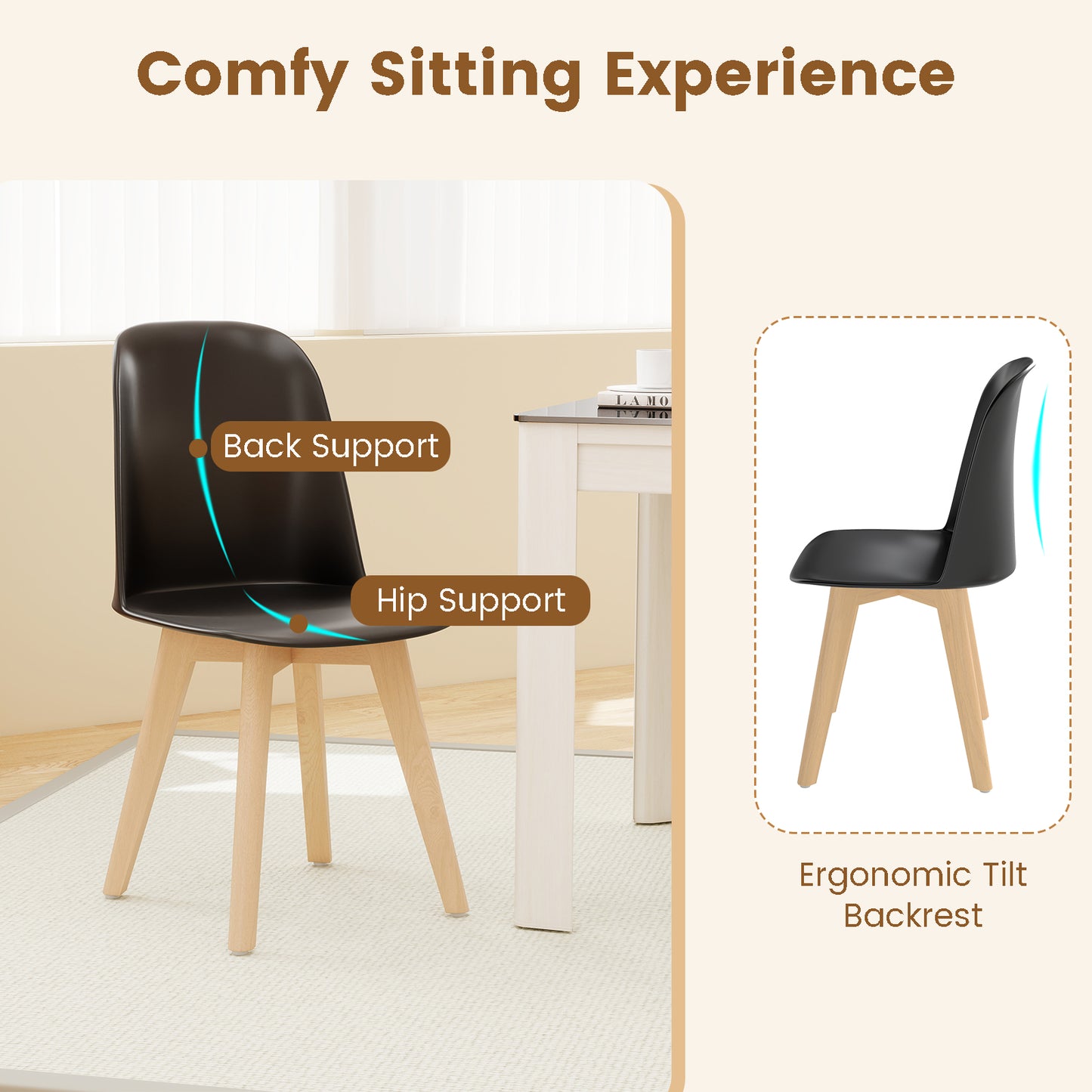 Dining Chair Set of 2 with Beech Wood Legs and Tilt Backrest