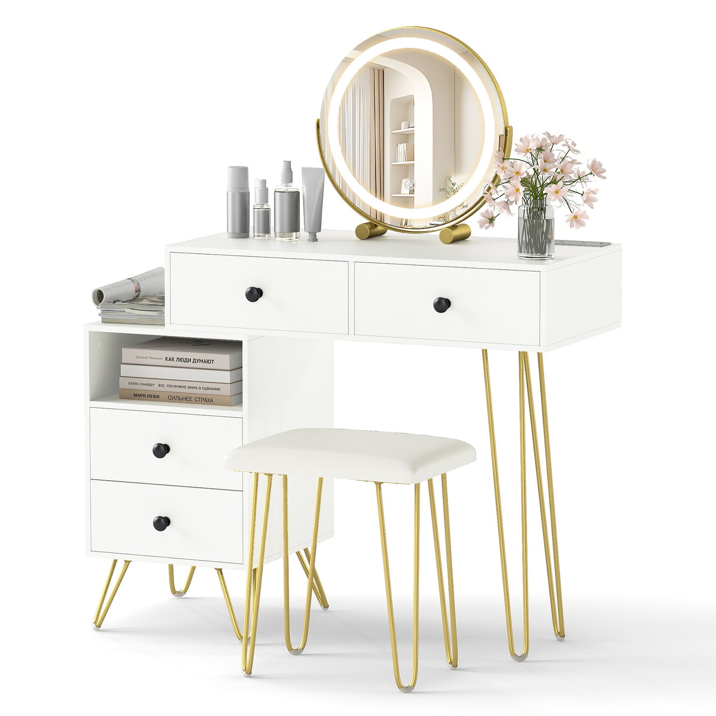 Vanity Table with LED Lighted Mirror and Storage Cabinet