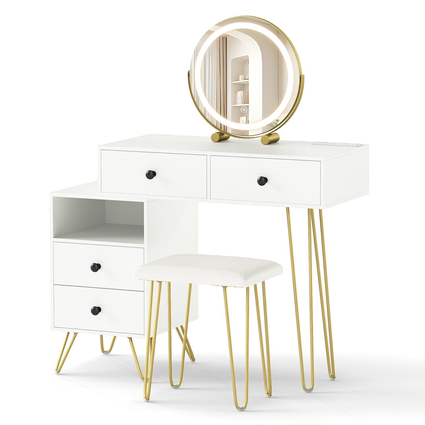 Vanity Table with LED Lighted Mirror and Storage Cabinet