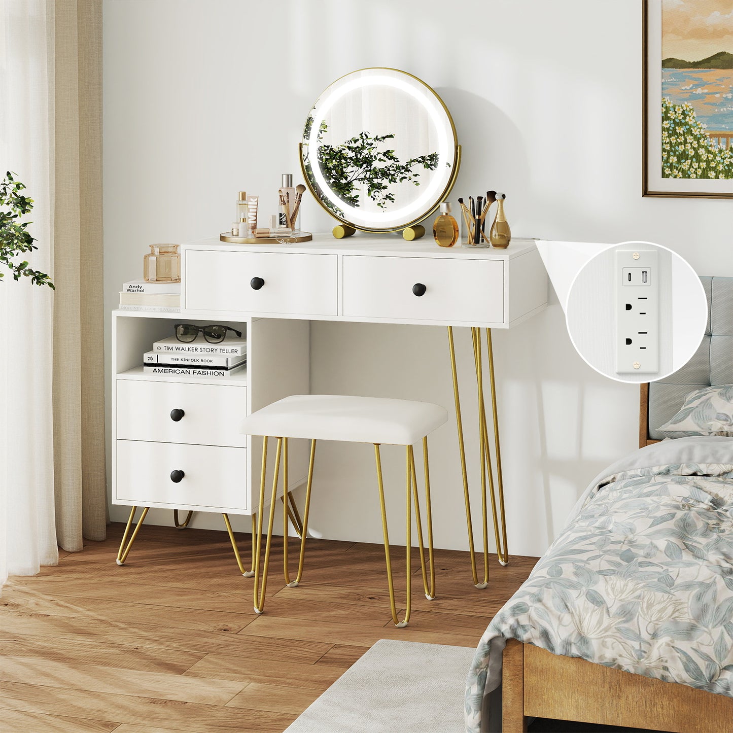 Vanity Table with LED Lighted Mirror and Storage Cabinet