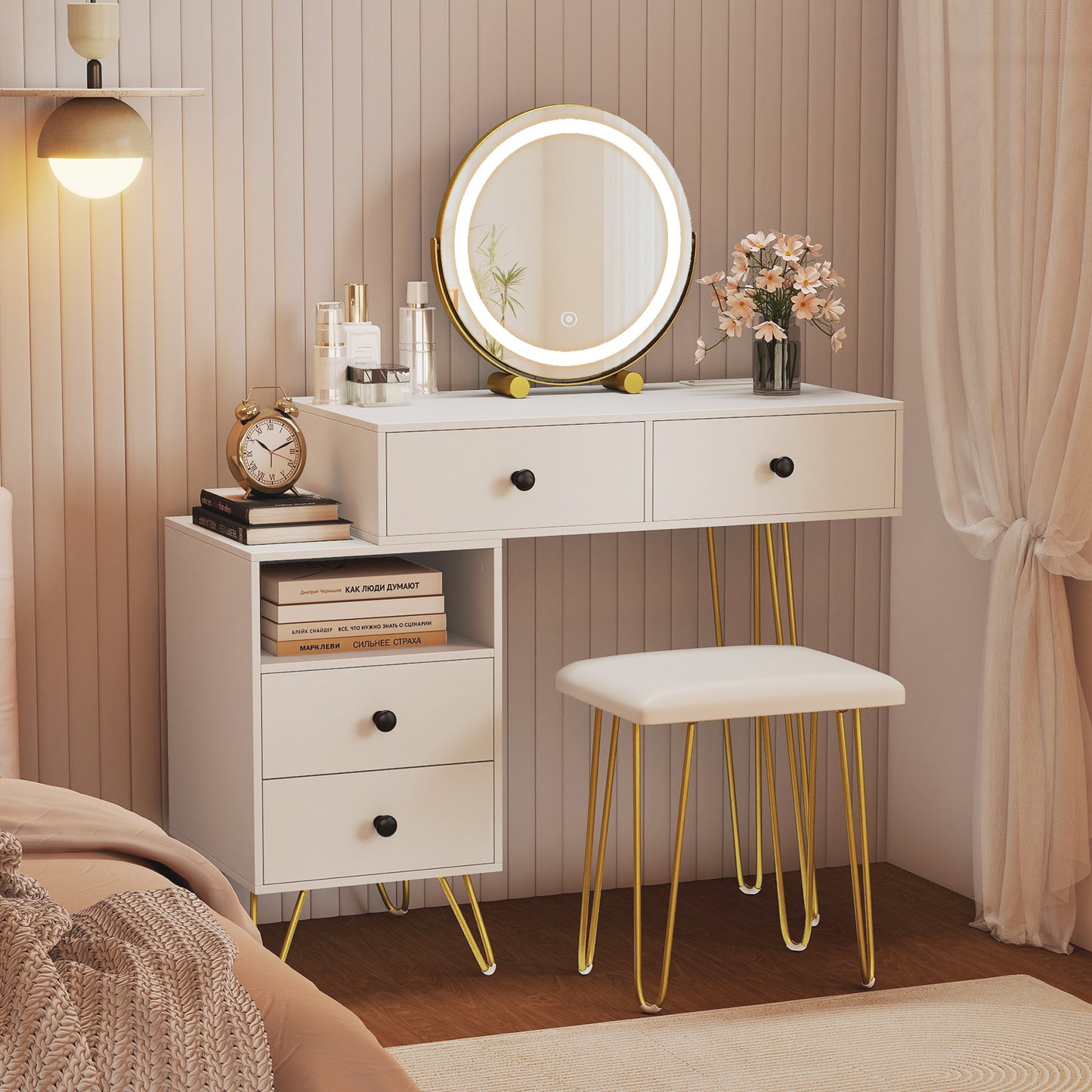 Vanity Table with LED Lighted Mirror and Storage Cabinet