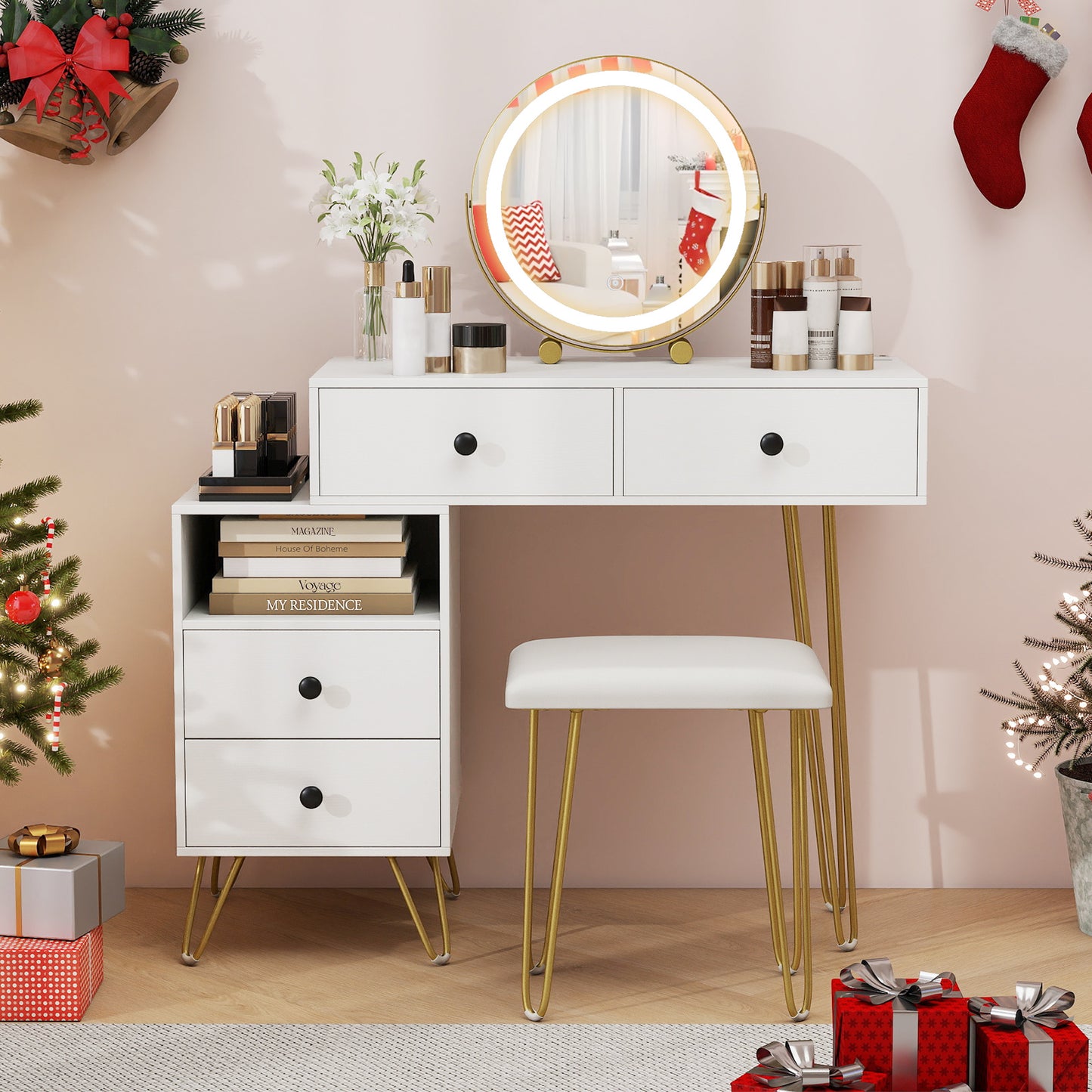 Vanity Table with LED Lighted Mirror and Storage Cabinet
