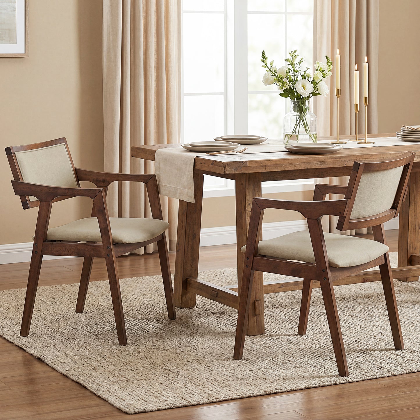Upholstered Dining Chairs Set of 2 with Arms - Beige