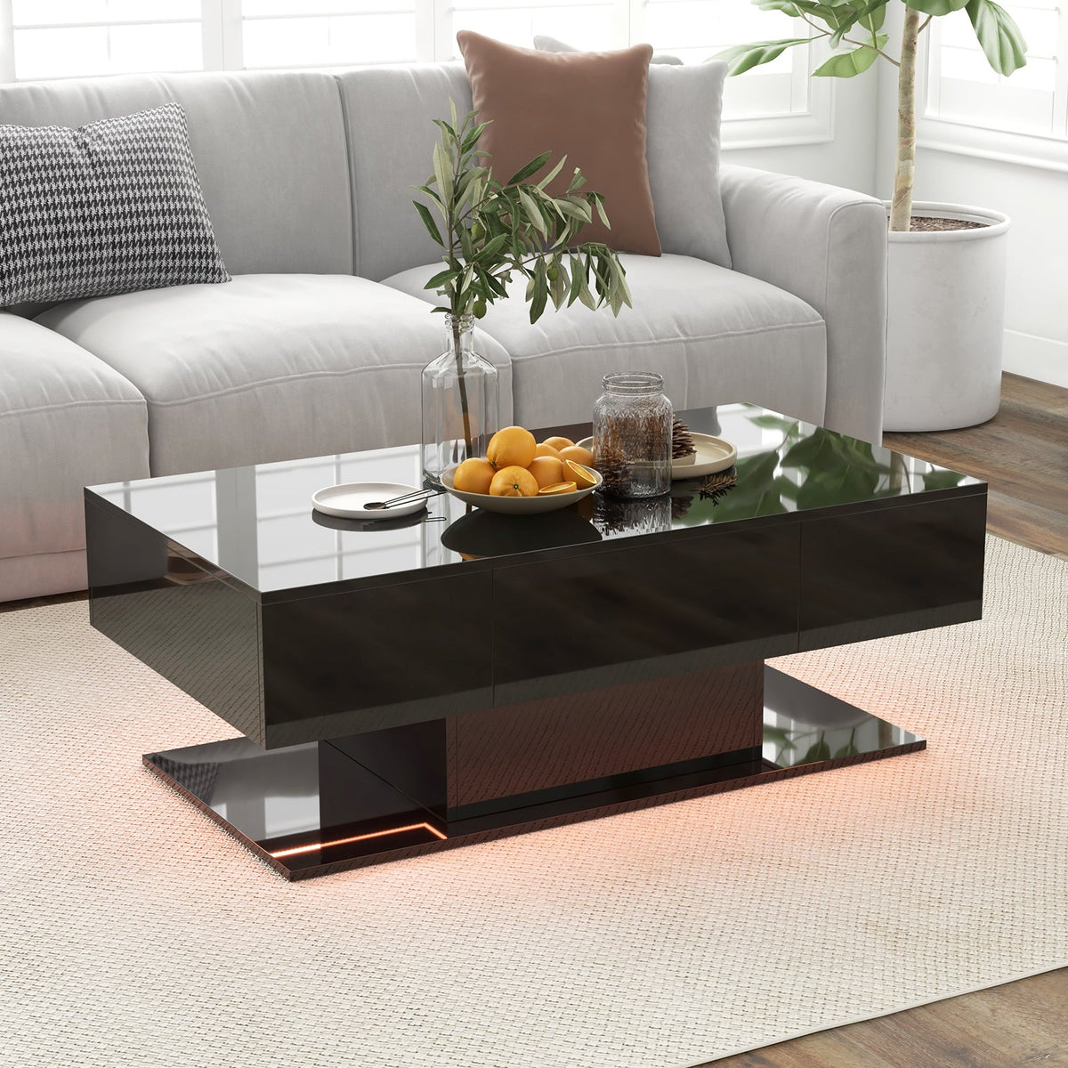 Modern LED Coffee Table with 20 Color LED Lights and 2 Storage Drawers