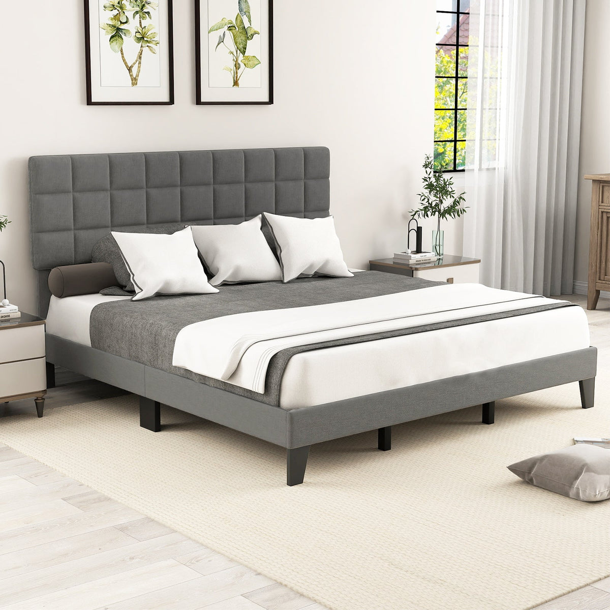 King Size Modern Linen Bed Frame with Adjustable Headboard-Gray