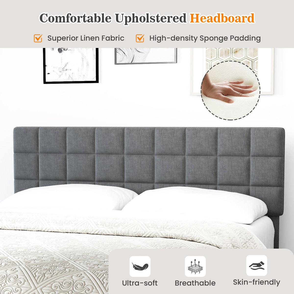 King Size Modern Linen Bed Frame with Adjustable Headboard-Gray