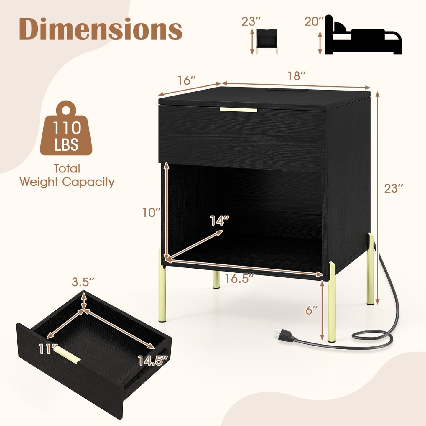 Nightstand with Charging Station and Storage Drawer