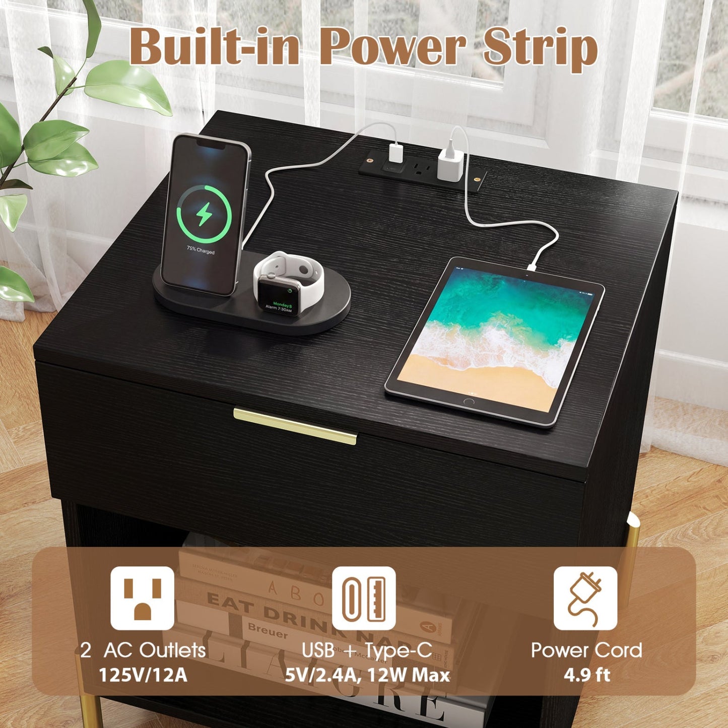 Nightstand with Charging Station and Storage Drawer