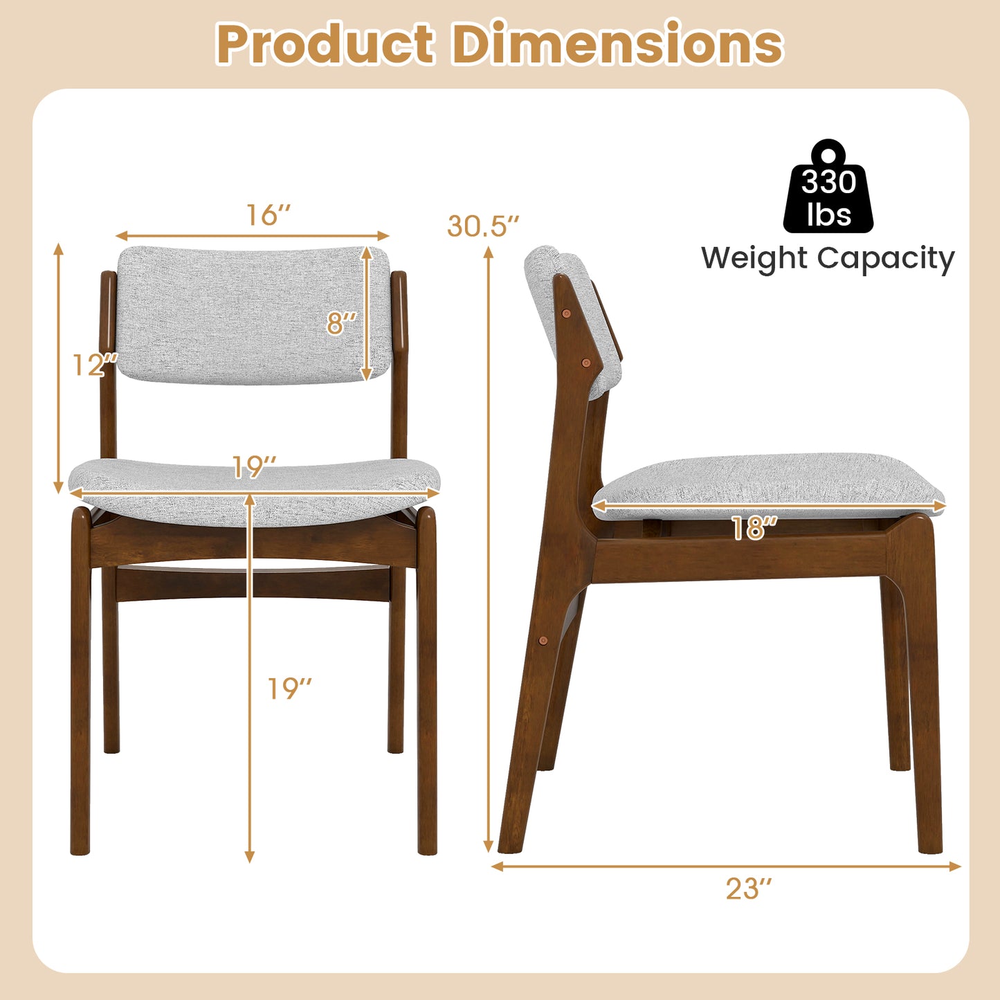 Padded Dining Chairs Set of 2 with Rubber Wood Legs
