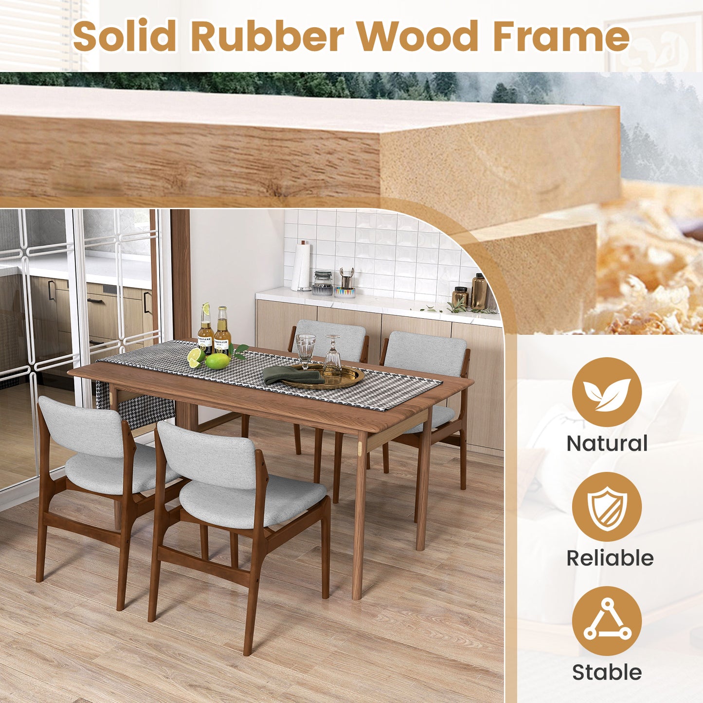 Padded Dining Chairs Set of 2 with Rubber Wood Legs