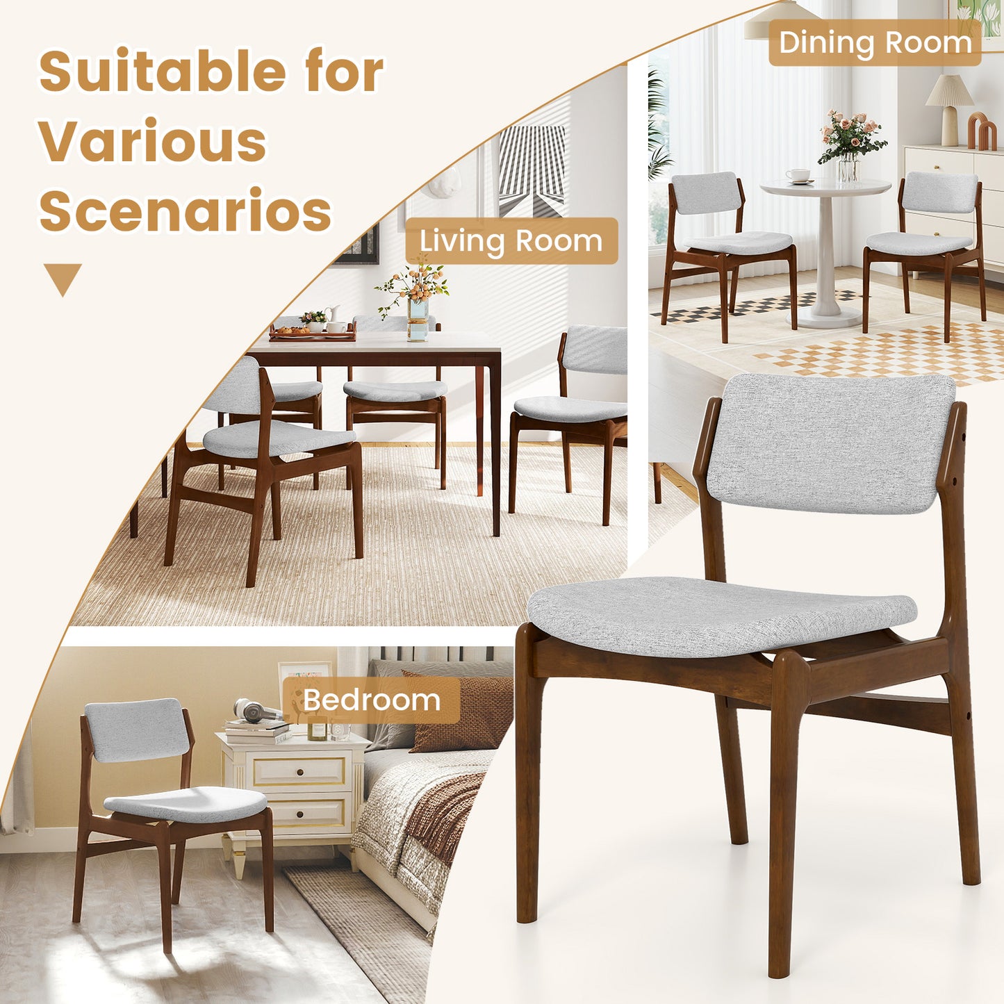 Padded Dining Chairs Set of 4 with Rubber Wood Legs