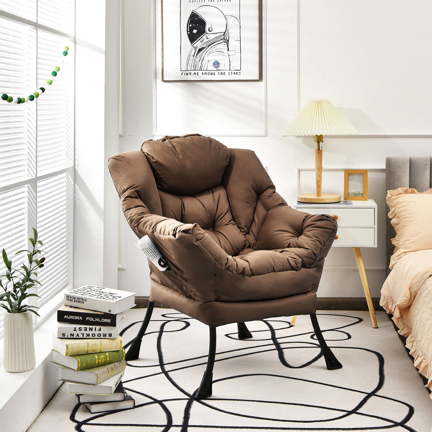 Lazy Accent Chair with Steel Frame and Side Pocket