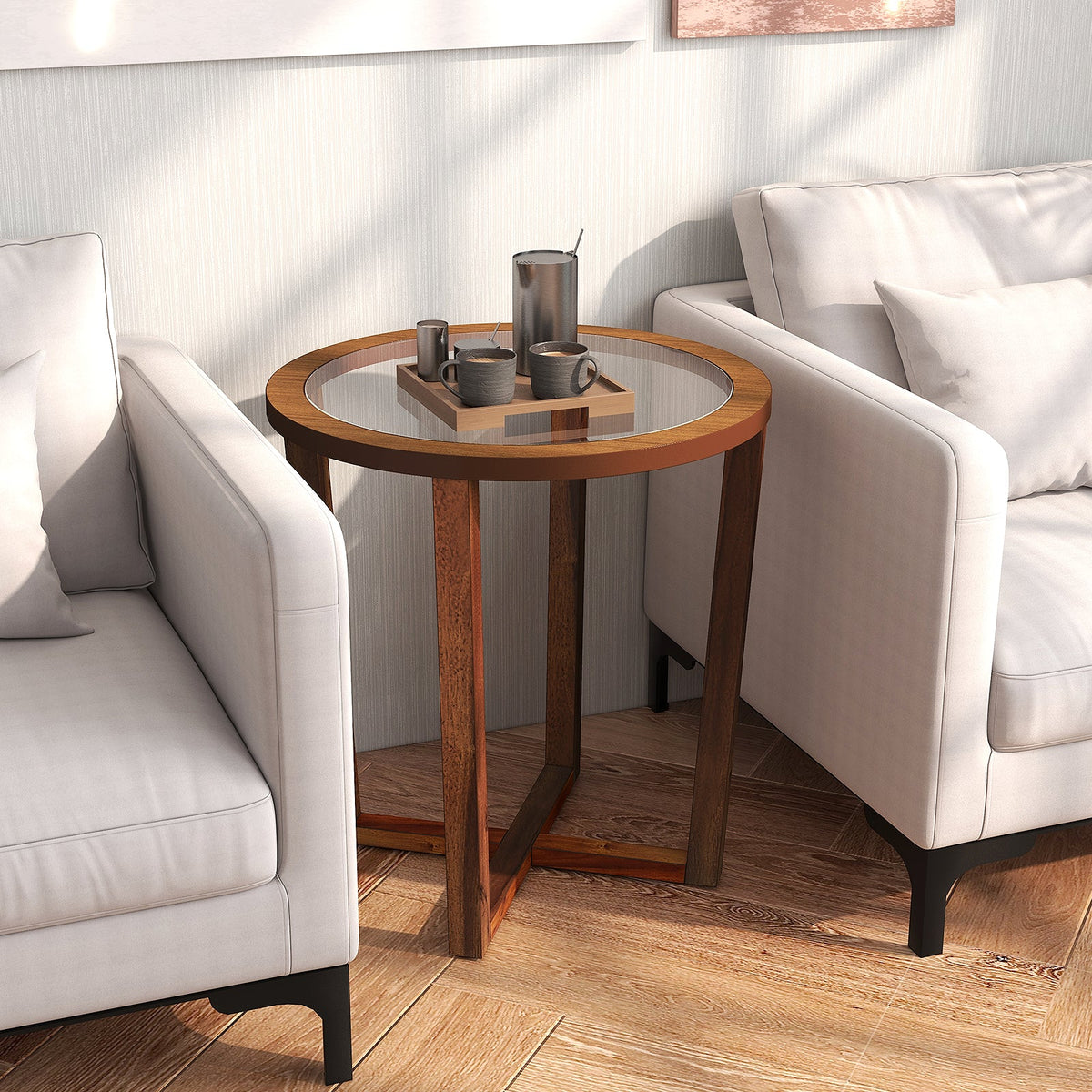 Modern Round End Table Sofa Side Table with Transparent Tempered Glass Top-Brown