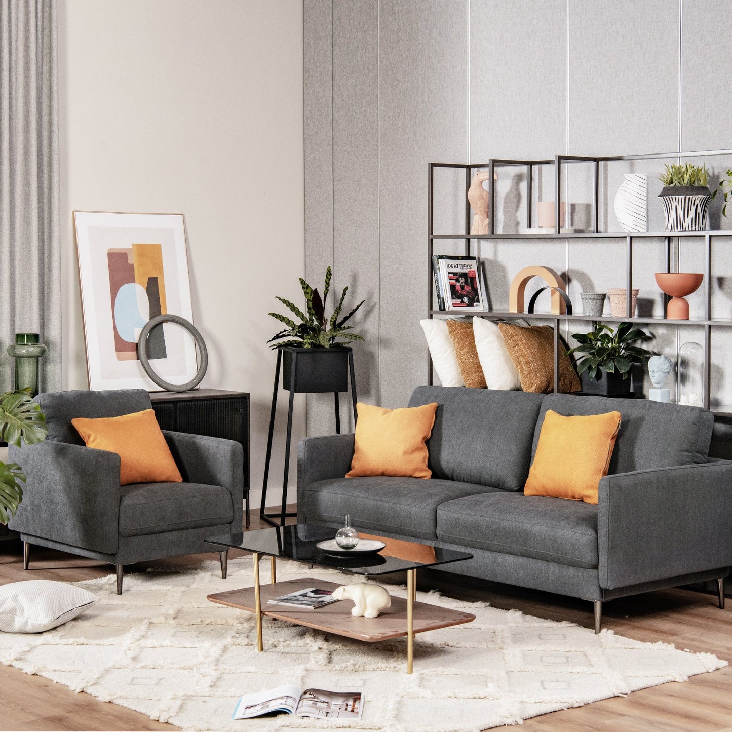 Modern Sofa Couch with Solid Metal Legs and Removable Backrest Cushion-Gray