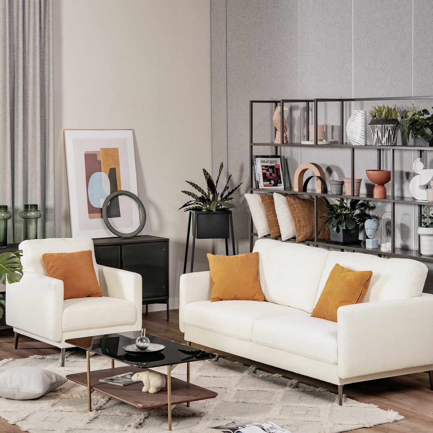 Modern Sofa Couch with Solid Metal Legs and Removable Backrest Cushion-Gray