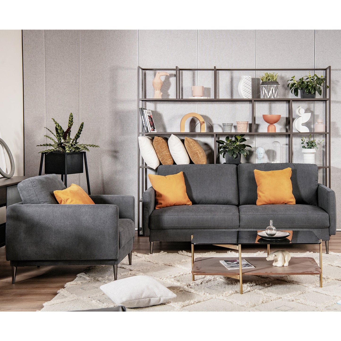 Modern Sofa Couch with Solid Metal Legs and Removable Backrest Cushion-Gray