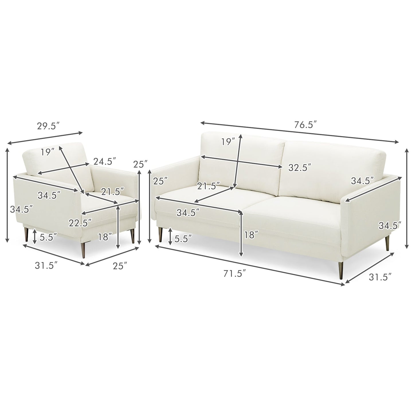 Modern Sofa Couch with Solid Metal Legs and Removable Backrest Cushion-Gray