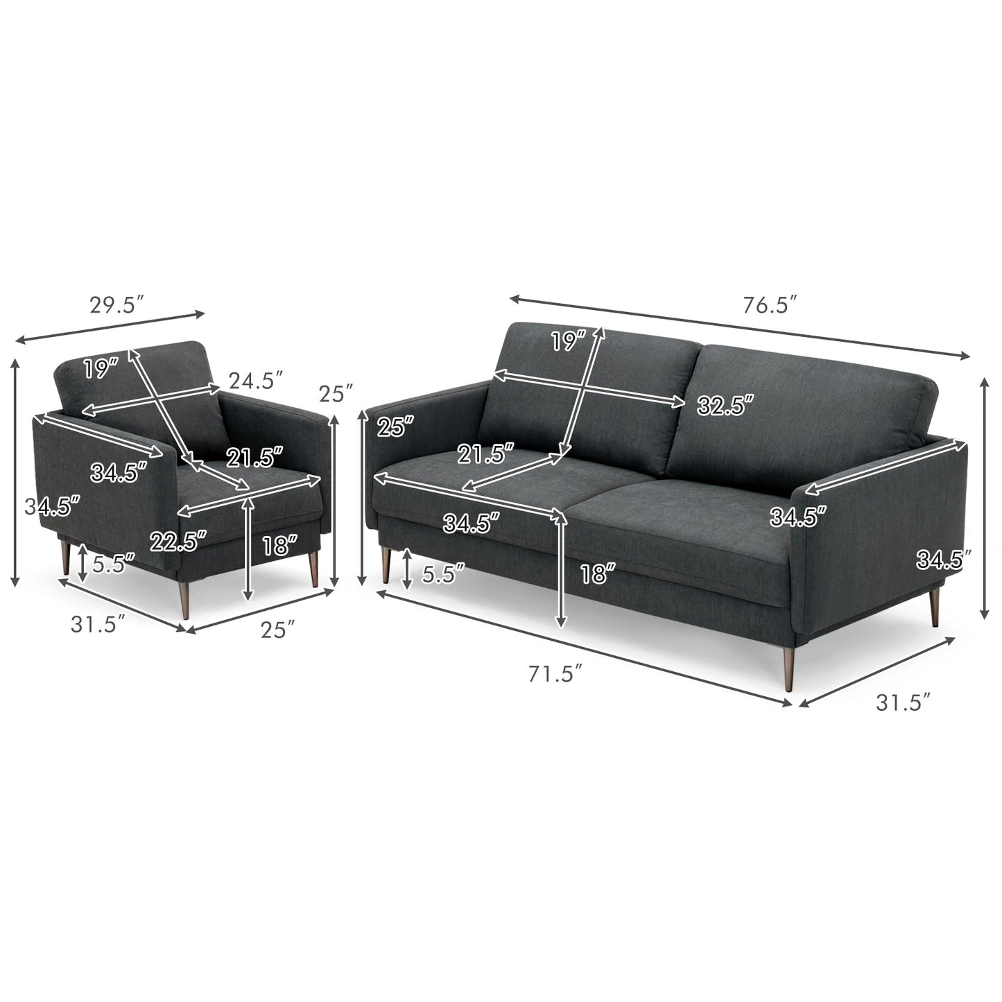 Modern Sofa Couch with Solid Metal Legs and Removable Backrest Cushion-Gray