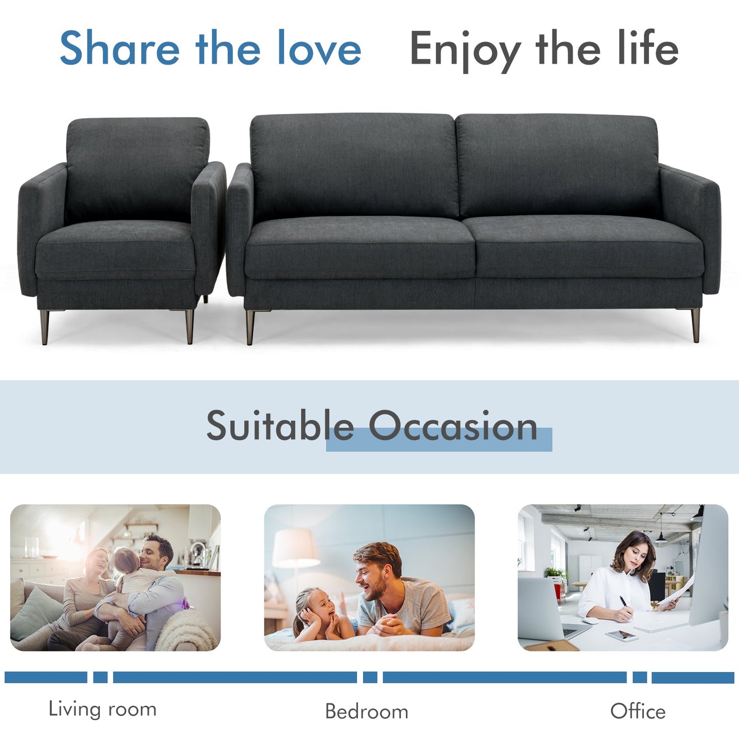 Modern Sofa Couch with Solid Metal Legs and Removable Backrest Cushion-Gray