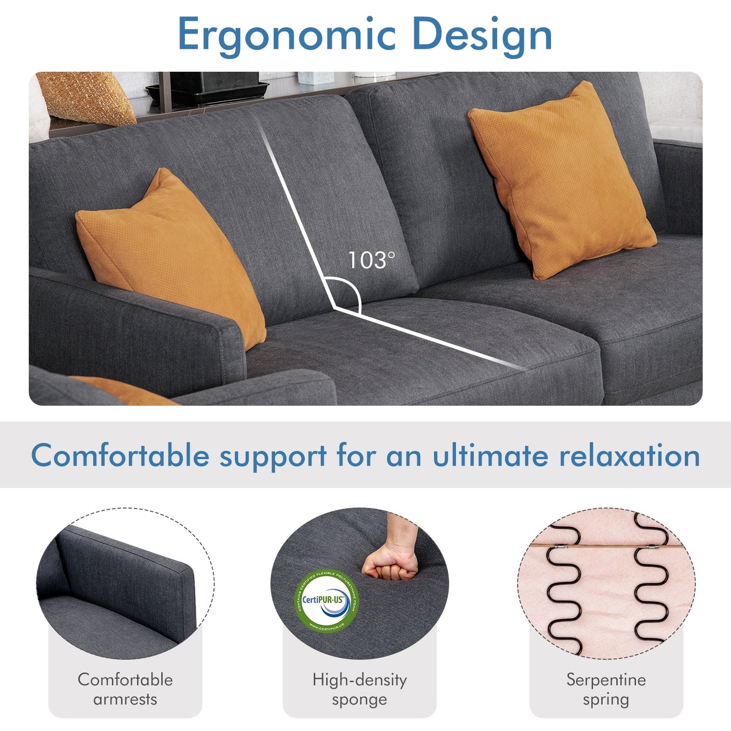Modern Sofa Couch with Solid Metal Legs and Removable Backrest Cushion-Gray