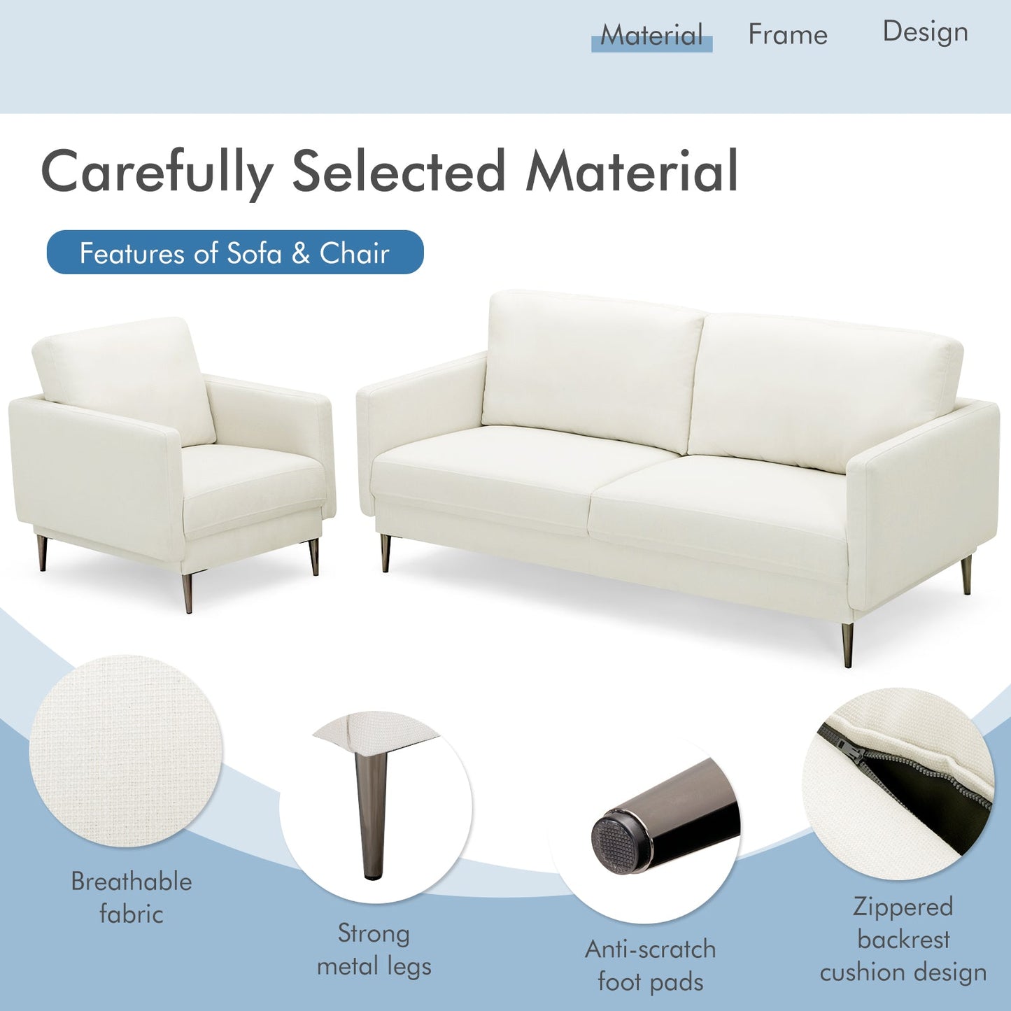 Modern Sofa Couch with Solid Metal Legs and Removable Backrest Cushion-Gray