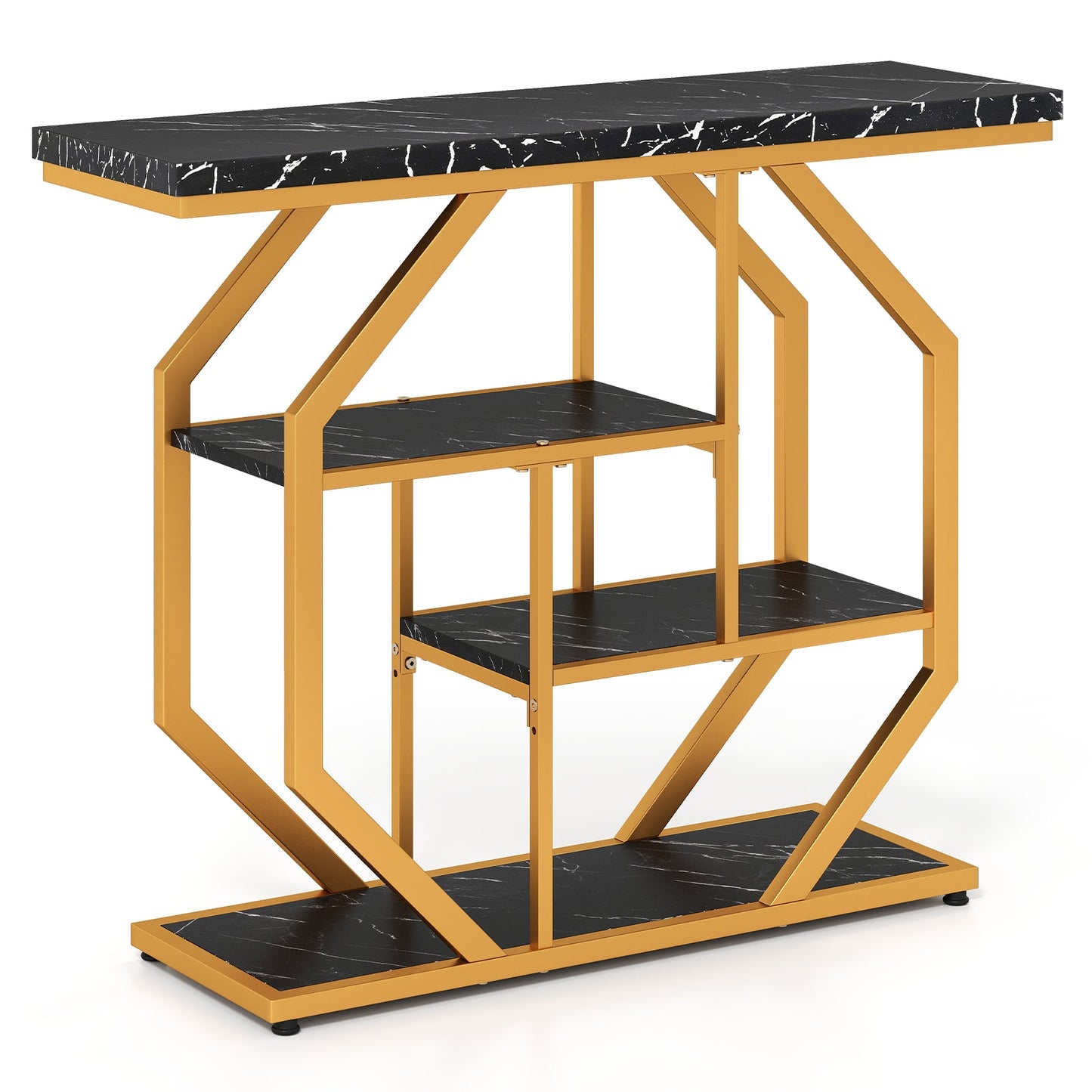 Modern Sofa Table Behind Couch 4-Tier Console Table with Faux Marble Tabletop-Black