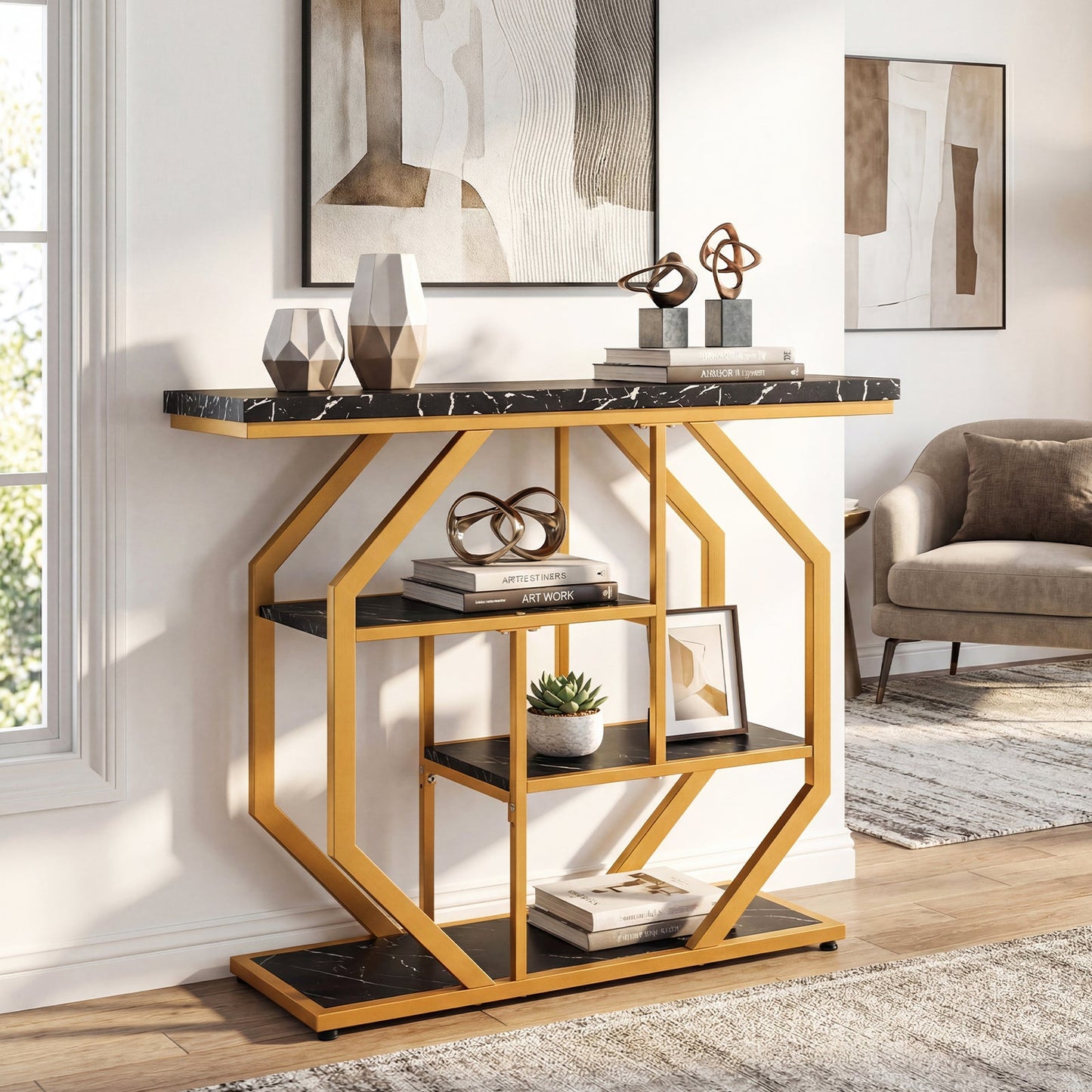 Modern Sofa Table Behind Couch 4-Tier Console Table with Faux Marble Tabletop-Black