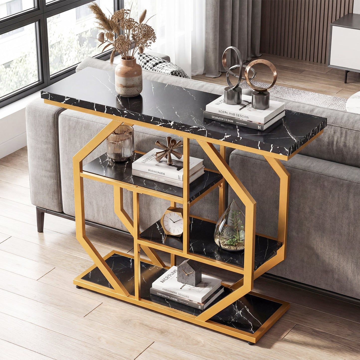 Modern Sofa Table Behind Couch 4-Tier Console Table with Faux Marble Tabletop-Black