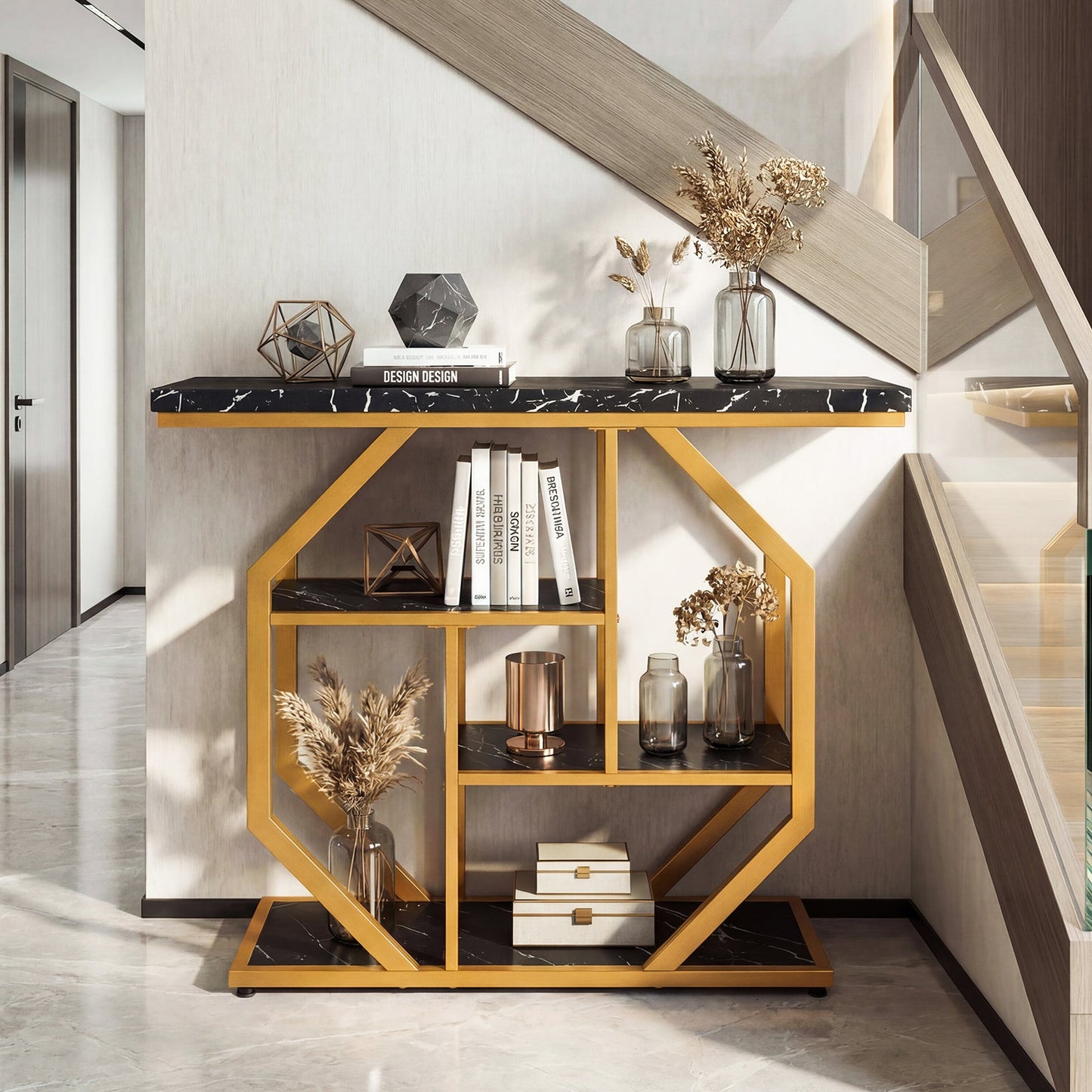 Modern Sofa Table Behind Couch 4-Tier Console Table with Faux Marble Tabletop-Black
