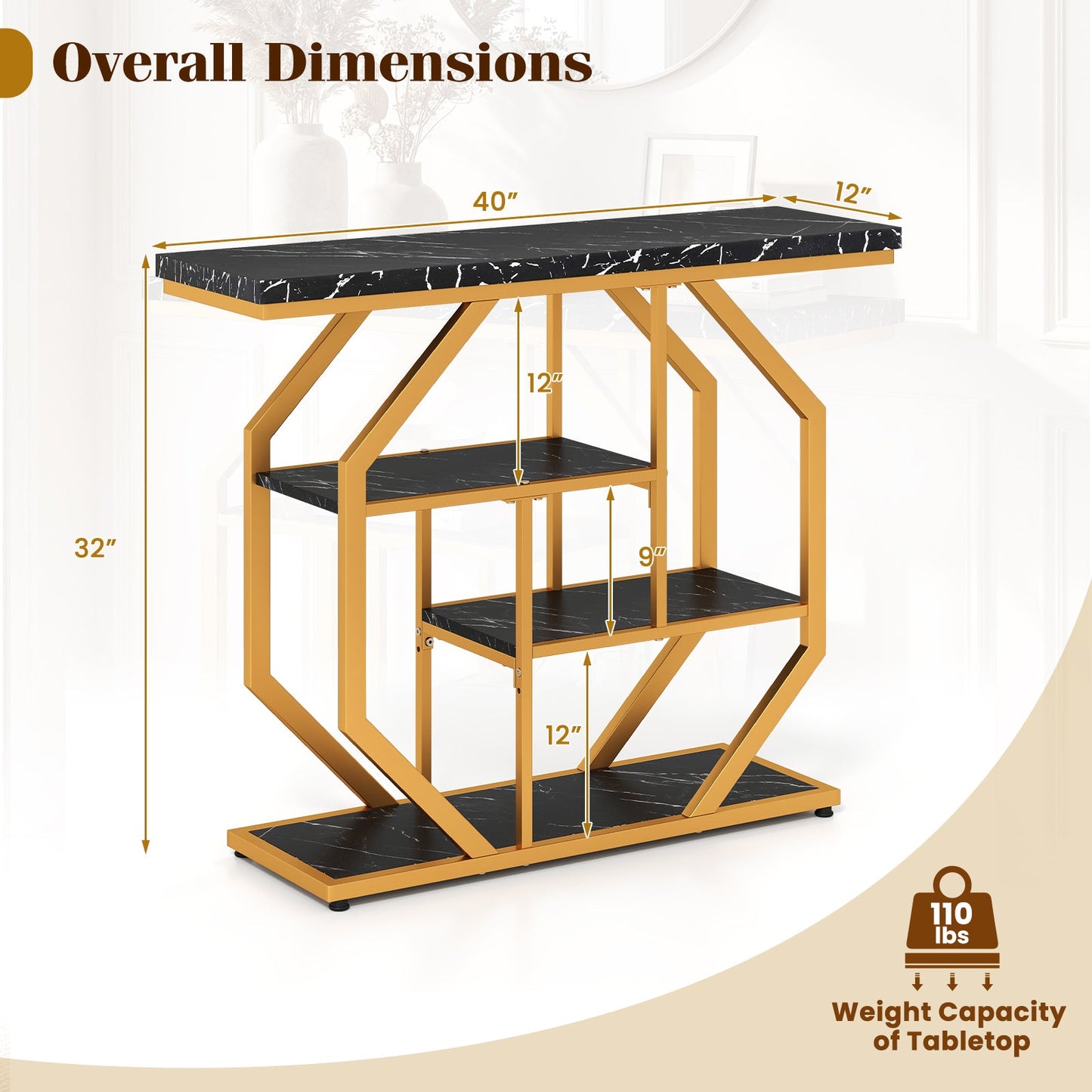 Modern Sofa Table Behind Couch 4-Tier Console Table with Faux Marble Tabletop-Black