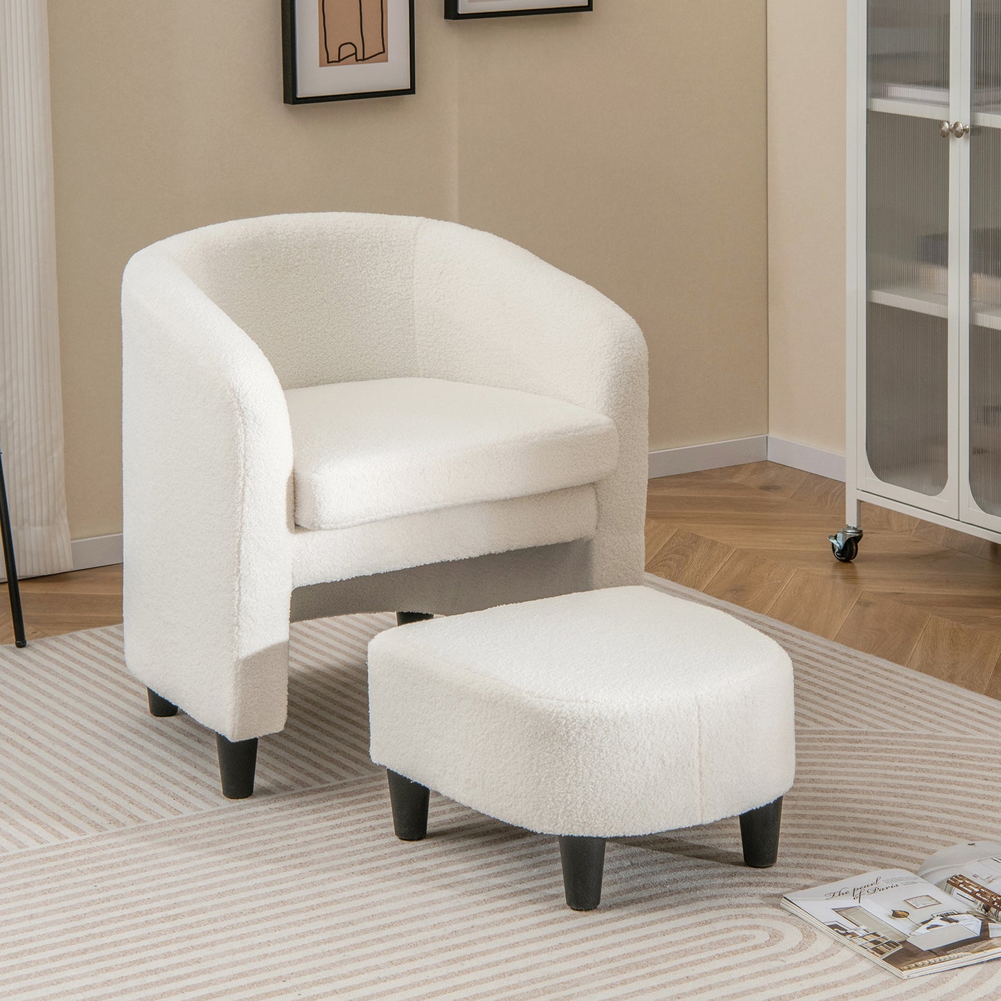 Upholstered Barrel Chair with Ottoman in Teddy Velvet