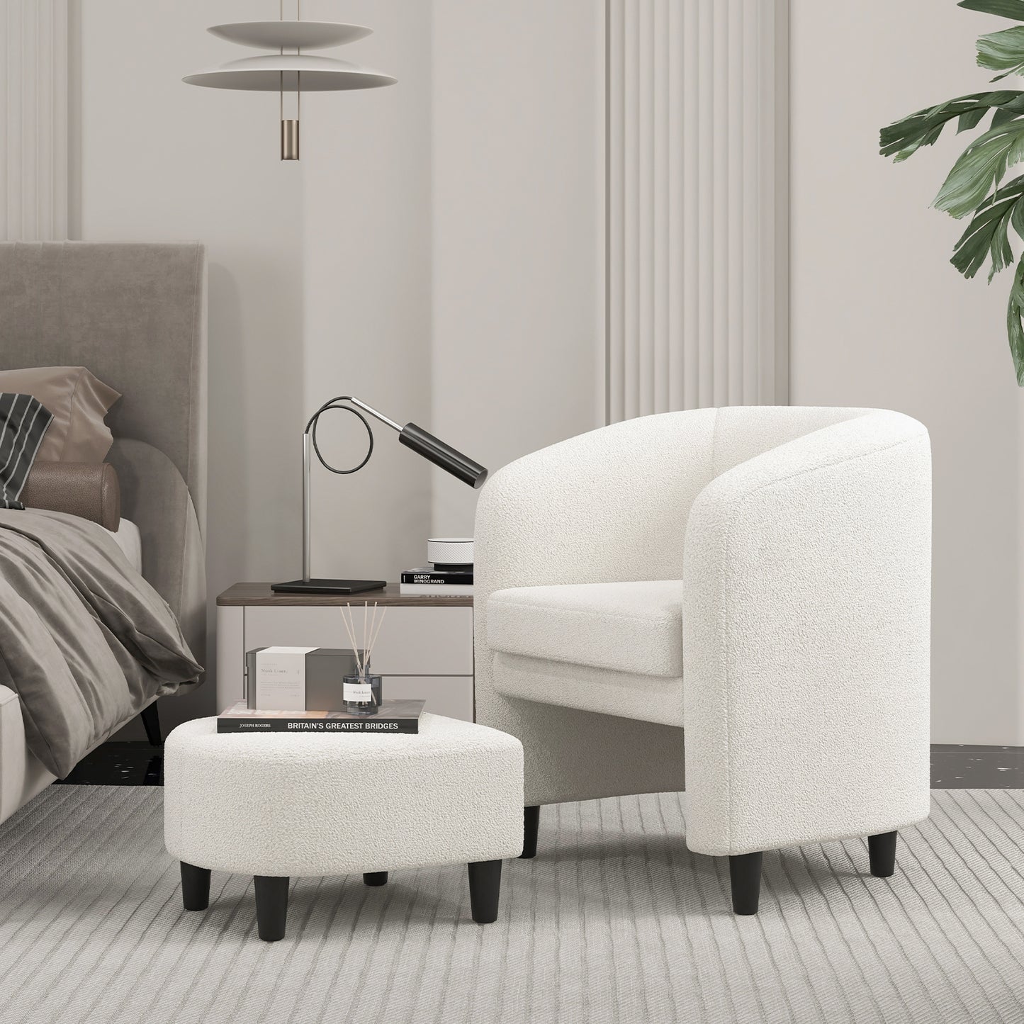 Upholstered Barrel Chair with Ottoman in Teddy Velvet