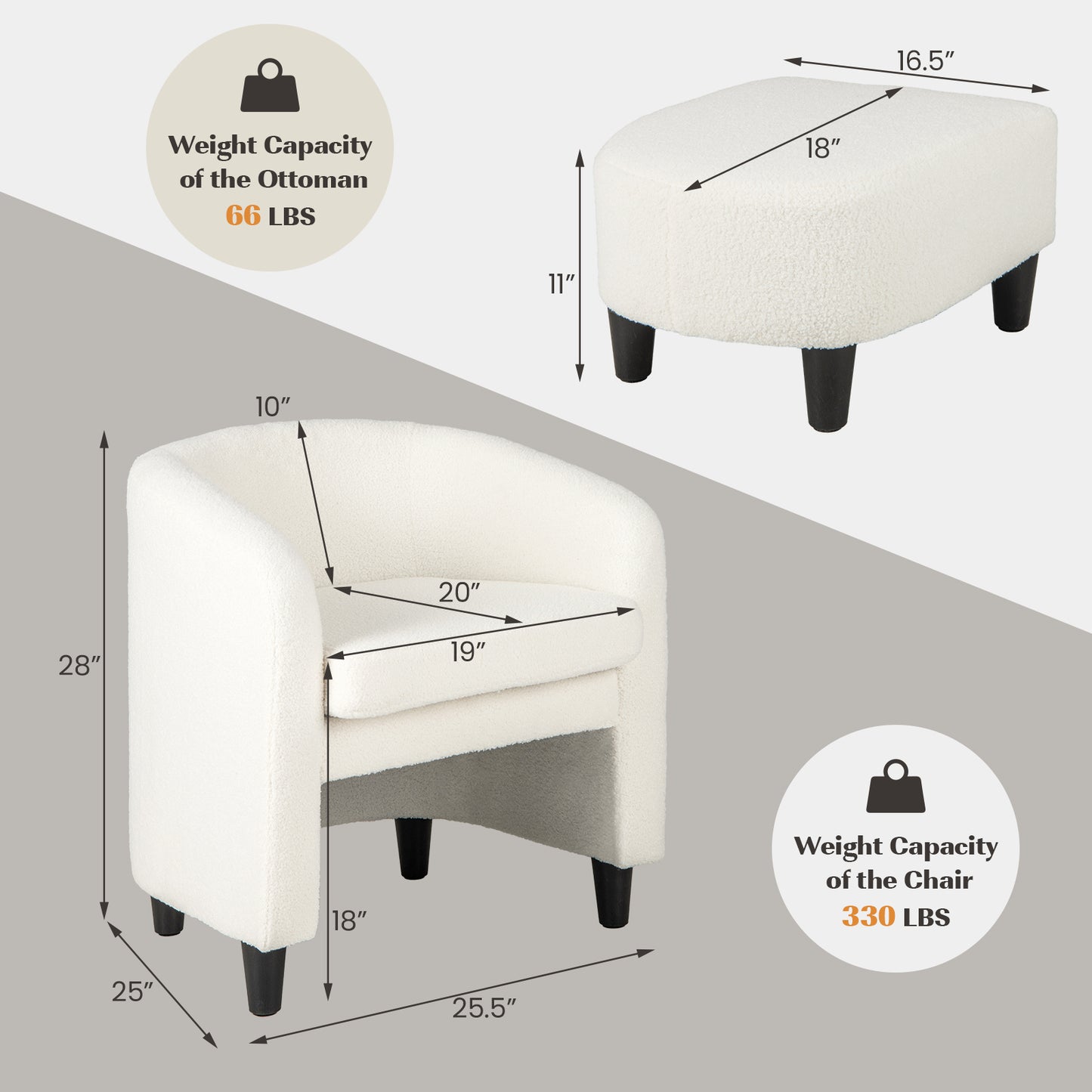 Upholstered Barrel Chair with Ottoman in Teddy Velvet