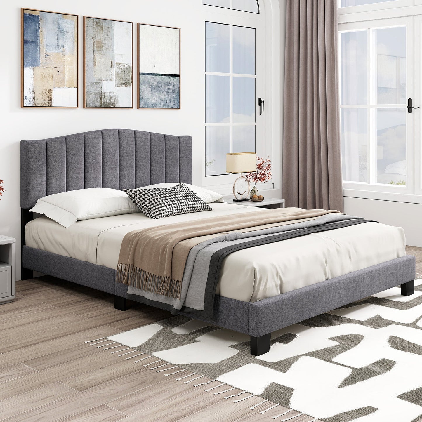 Modern Upholstered Bed Frame with Adjustable Vertical Channel Tufted Headboard-Queen Size