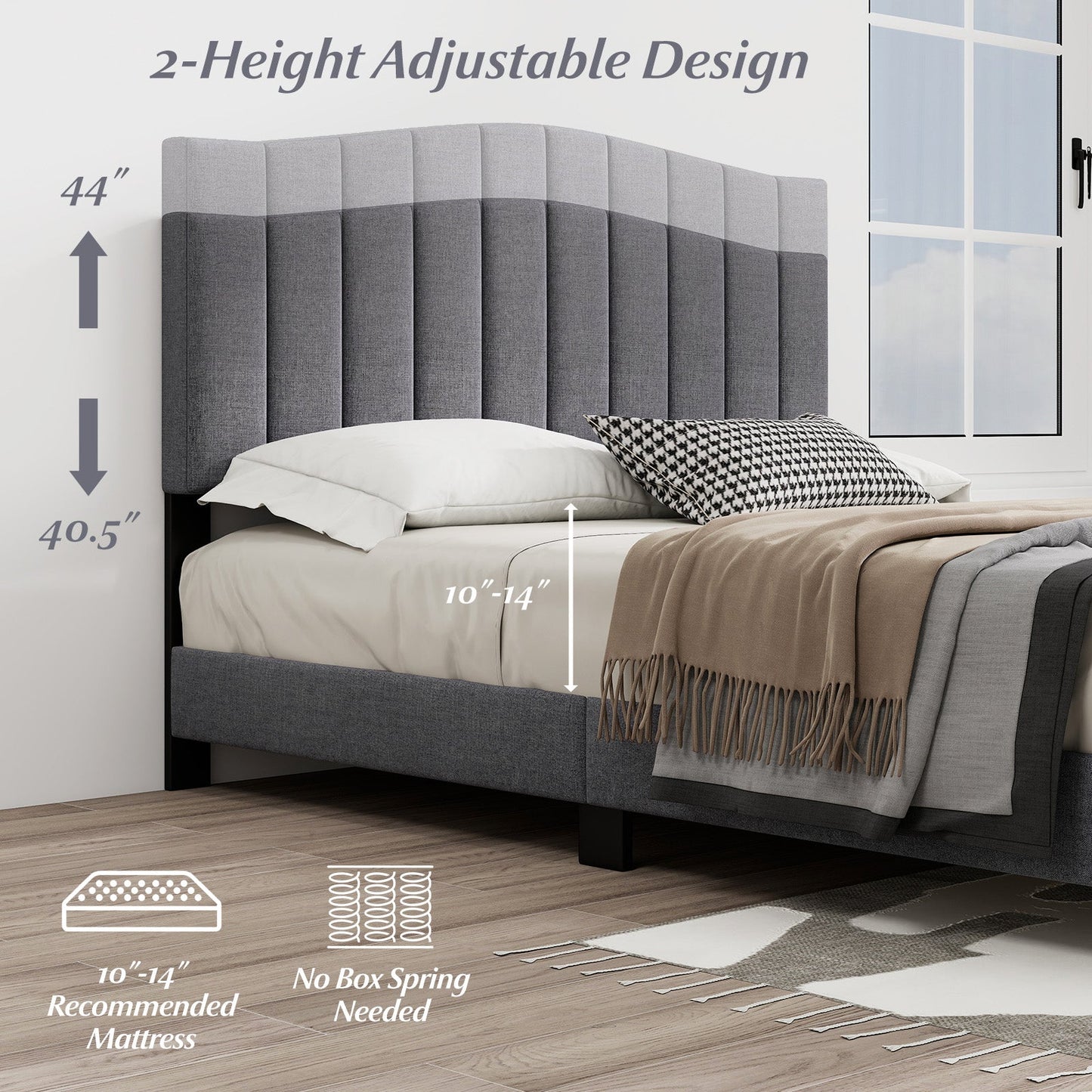 Modern Upholstered Bed Frame with Adjustable Vertical Channel Tufted Headboard-Queen Size