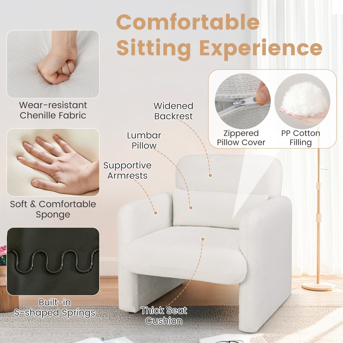 Upholstered Chenille Accent Chair with Lumbar Pillow