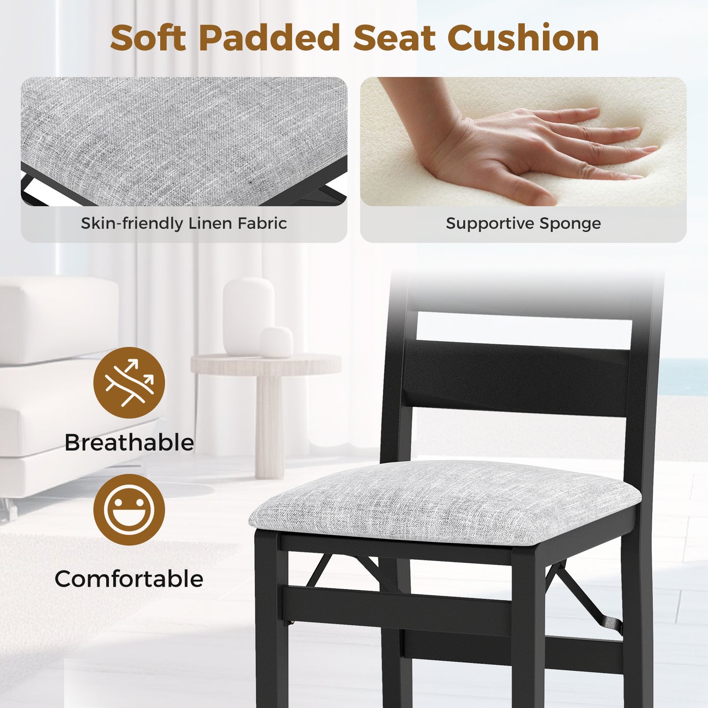 Upholstered Folding Dining Chairs Set of 2 with Cushioned Seat