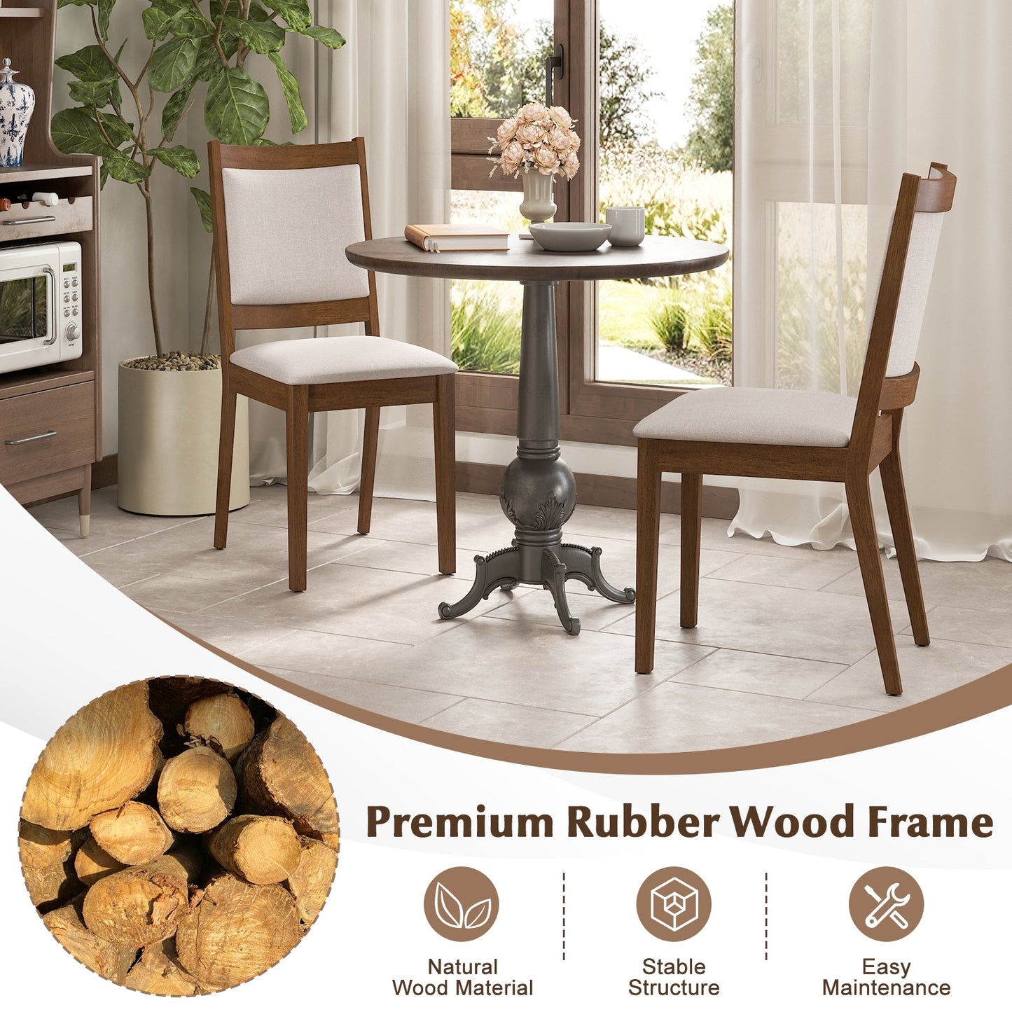 Modern Dining Upholstered Kitchen Chair Set of 2 with Padded Backrest-Brown