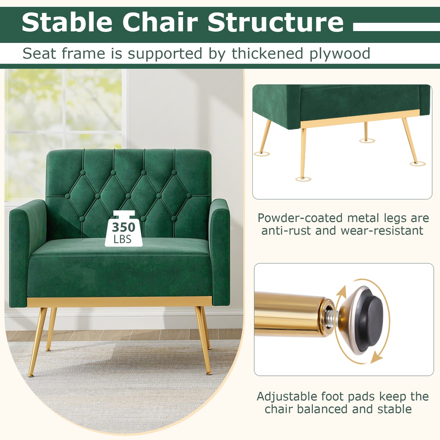 Velvet Accent Chair with Button Tufted Back & Gold Legs