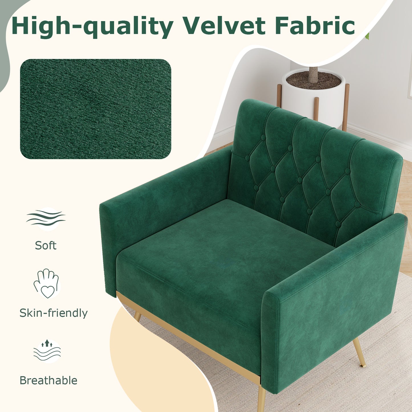 Velvet Accent Chair with Button Tufted Back & Gold Legs