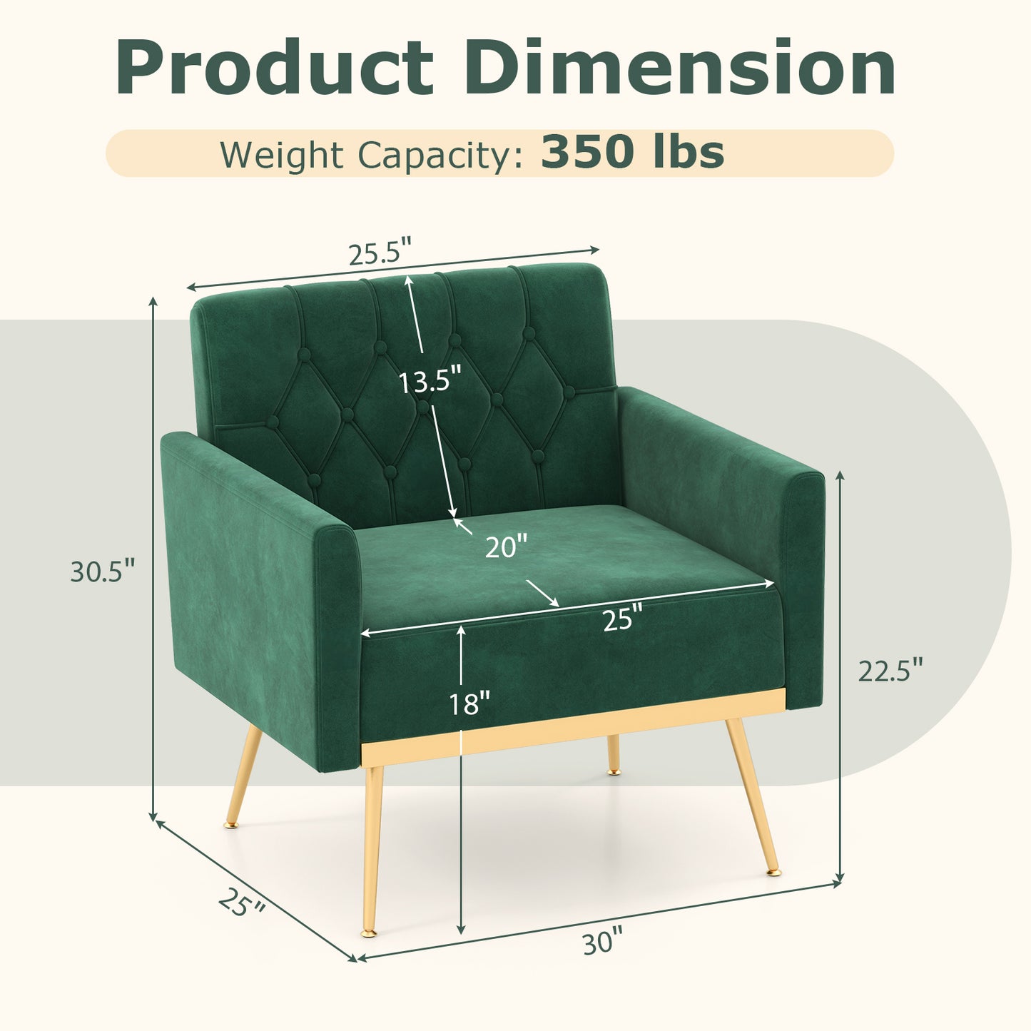 Velvet Accent Chair with Button Tufted Back & Gold Legs