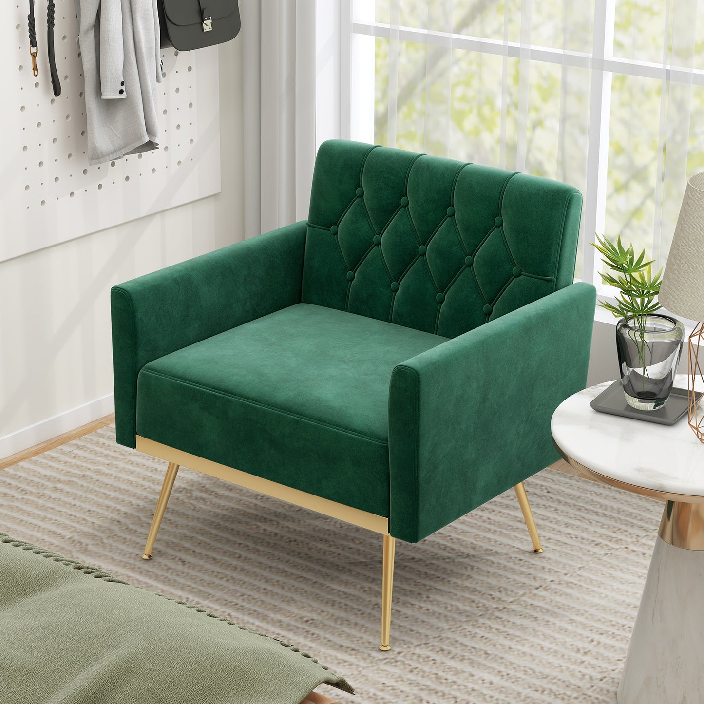 Velvet Accent Chair with Button Tufted Back & Gold Legs