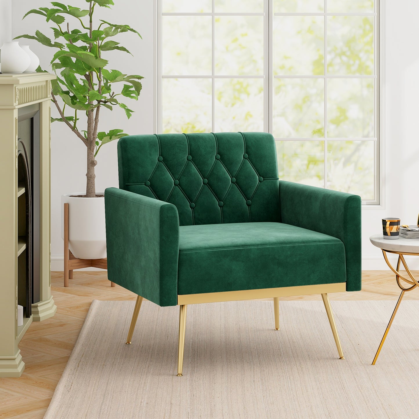 Velvet Accent Chair with Button Tufted Back & Gold Legs