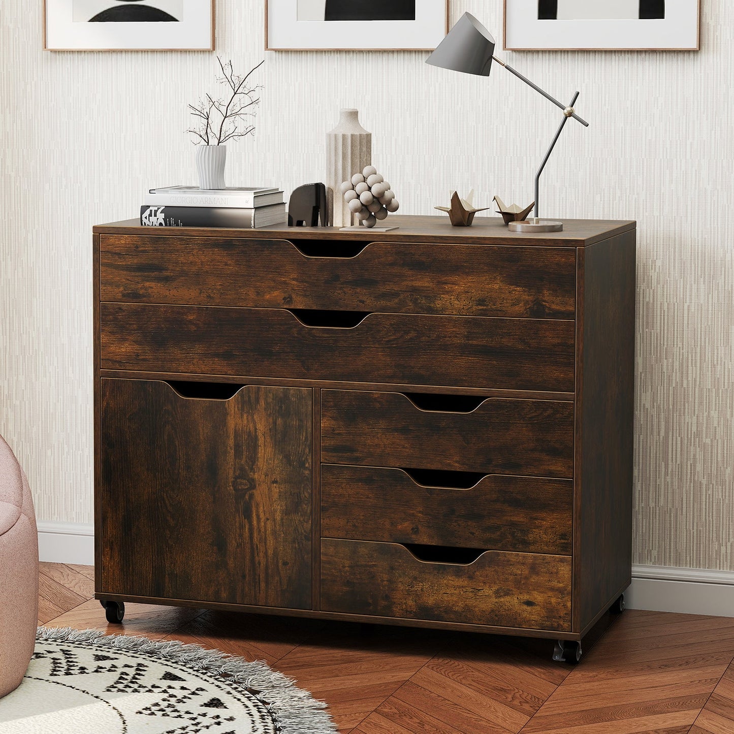 Modern Vertical 5-Drawer Mobile Chest with Door 5 Casters